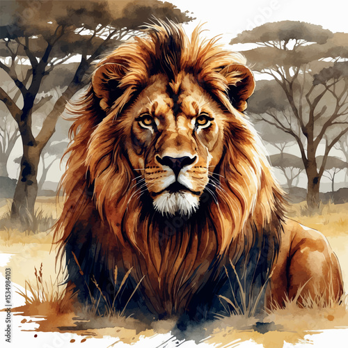 Majestic lion in savannah. Detailed watercolor painting with expressive mane on white.