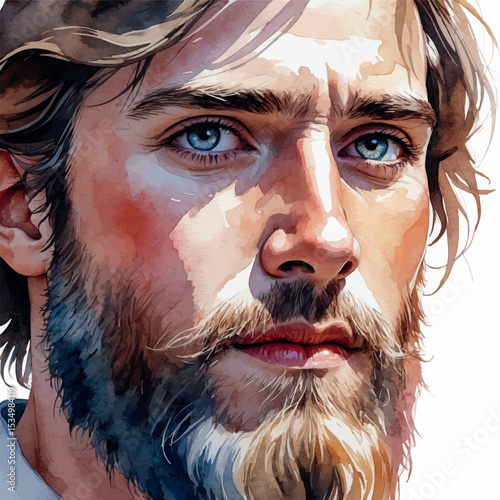 Watercolor portrait of a man with beard in cool tones expressive and artistic face illustration