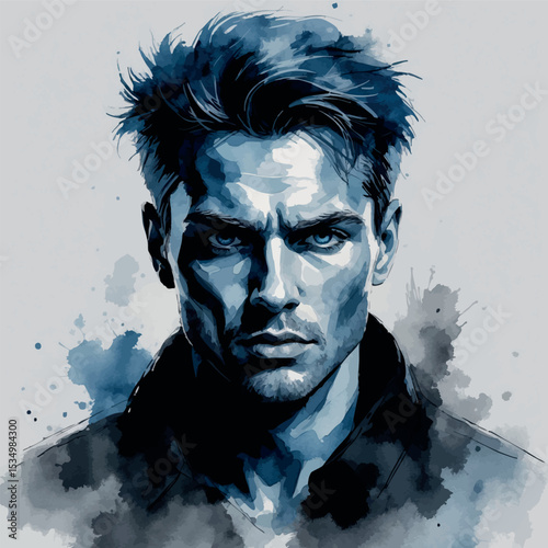 Expressive watercolor portrait of man in blue and grey artistic emotional painting