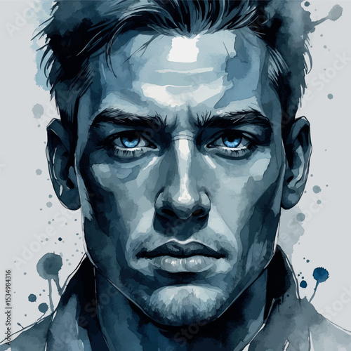 Expressive watercolor portrait of man in blue and grey artistic emotional painting