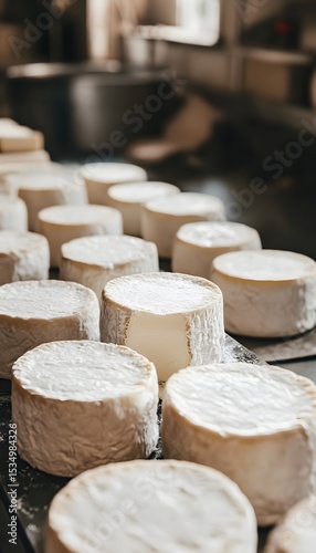 Round cheeses arranged in rows in a dairy.