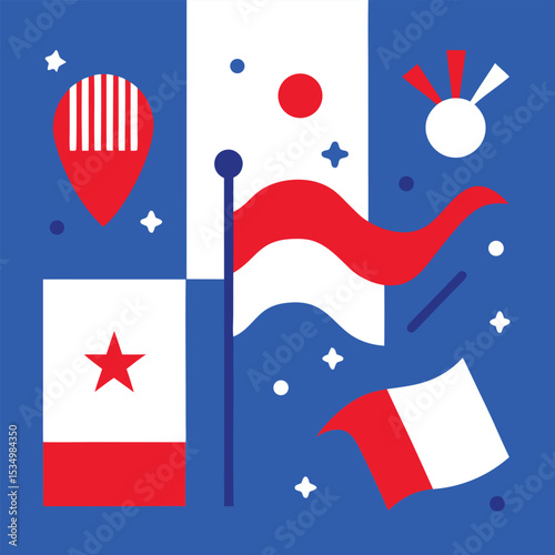 Stylized Flags and Symbolic Shapes in Patriotic Color Scheme 