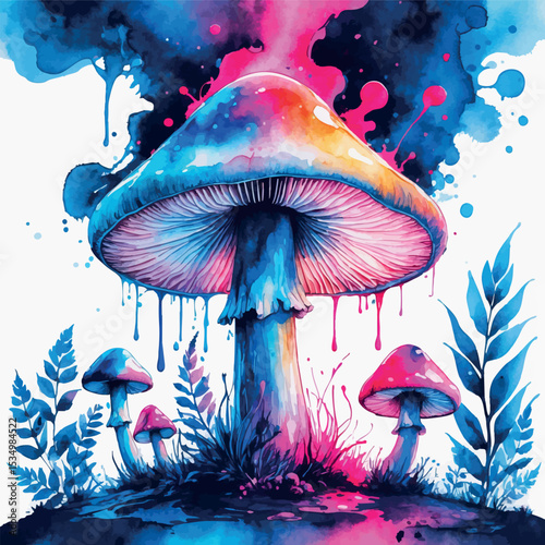 Surreal psychedelic mushroom watercolor illustration. Dreamlike botanical design with electric blues and hot pinks.