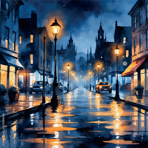 Watercolor night street with glowing lights and reflective wet surface