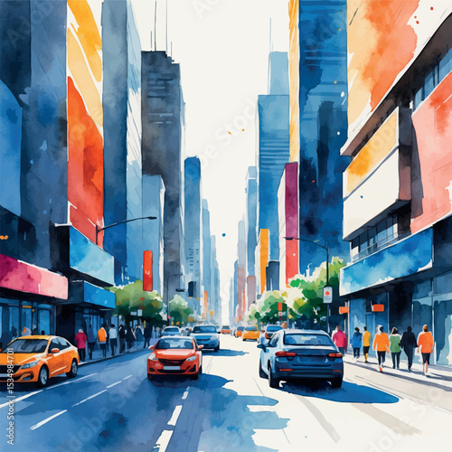 Watercolor city street with urban life buildings and pedestrians