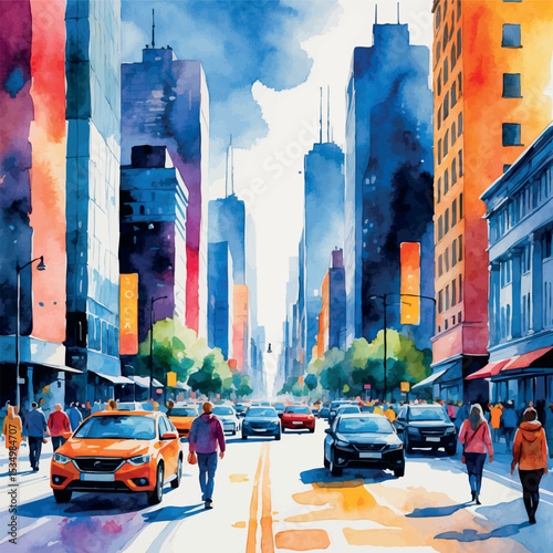 Watercolor city street with urban life buildings and pedestrians