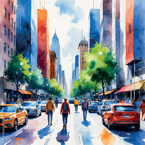 Watercolor city street with urban life buildings and pedestrians