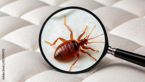 A single bed bug is visible on the surface of a mattress.