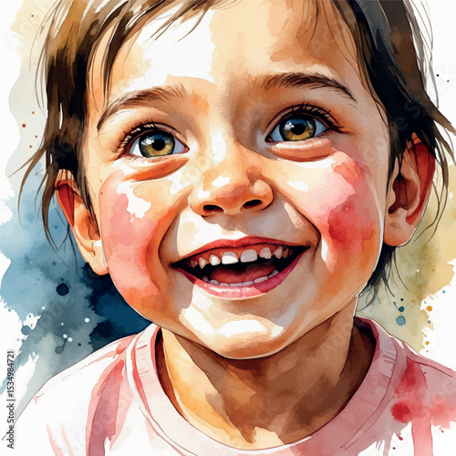 Watercolor child's joyful smile with flushed cheeks and happy eyes illustration