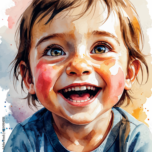 Watercolor child's joyful smile with flushed cheeks and happy eyes illustration