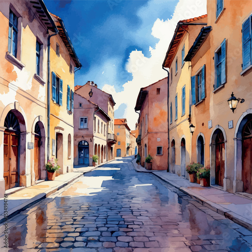 Watercolor old European street with cobblestones and historic buildings