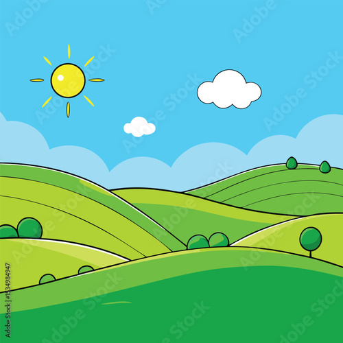 Scenic Green Hills A Sunny, Peaceful Landscape Illustration 