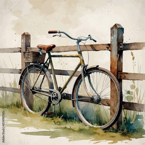 Nostalgic watercolor painting of vintage bicycle and rustic fence in faded countryside