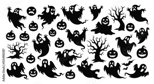 Spooky Season Is Upon Us Featuring Ghosts Pumpkins and Trees in Black Silhouette