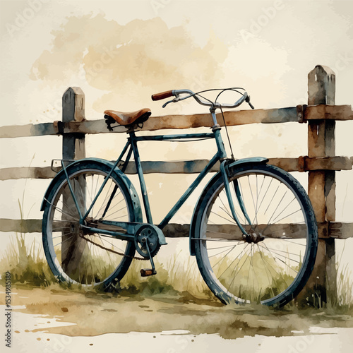 Nostalgic watercolor painting of vintage bicycle and rustic fence in faded countryside