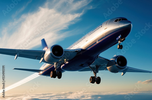 Modern airliner, silver stylish. Curved wings, tapered fuselage. Perfect for travel, aviation and transportation concepts.