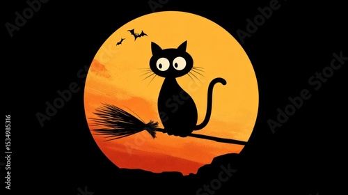 Halloween icon with black cat and broomstick