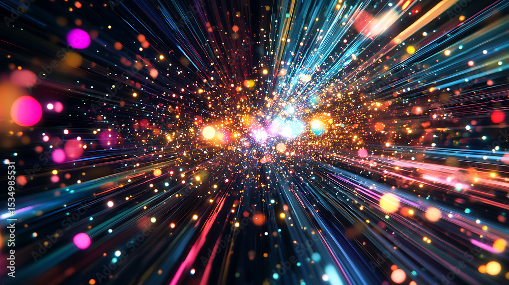 Fototapeta premium Vibrant Cosmic Burst with Radiant Light Trails and Sparkling Particles