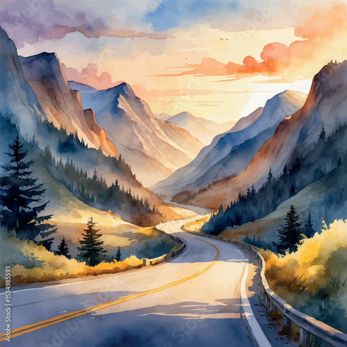 Watercolor mountain road at sunrise – serene travel journey illustration