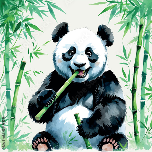 Playful panda watercolor illustration. Eating bamboo in natural tones minimal background.