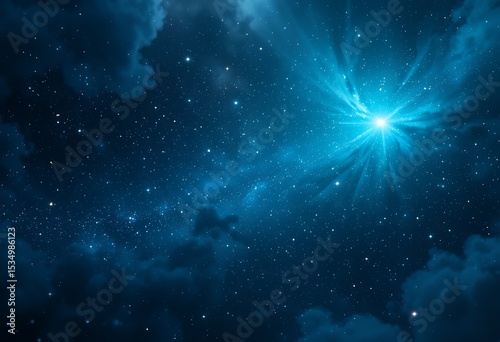 Bright blue star shining in deep space surrounded by distant stars and cosmic clouds