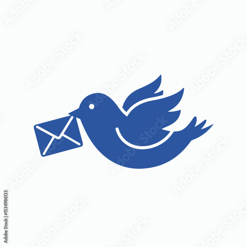 A blue bird flies while carrying an envelope in its beak