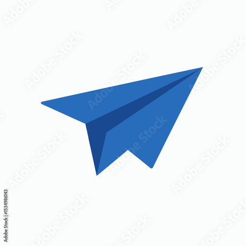 A blue paper airplane with pointed wings and a prominent crease set against a plain white background