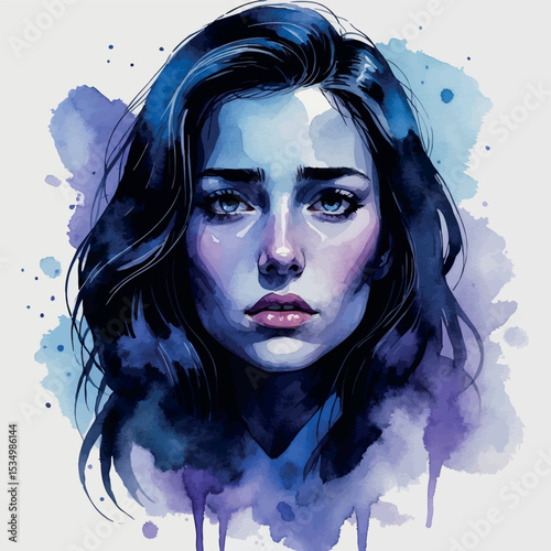 Watercolor dark emotional portrait. Woman in blue and violet tones with moody expression