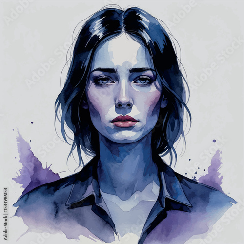 Watercolor dark emotional portrait. Woman in blue and violet tones with moody expression