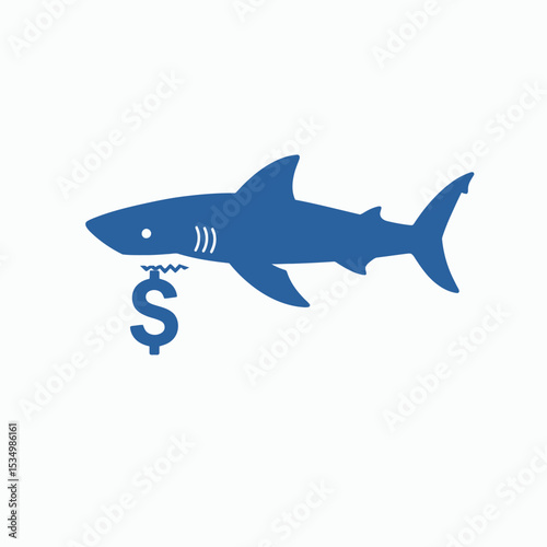 A blue shark holding a dollar sign in its mouth against a white background