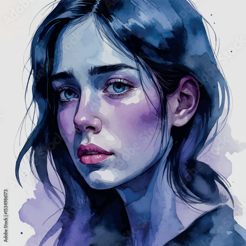 Watercolor dark emotional portrait. Woman in blue and violet tones with moody expression