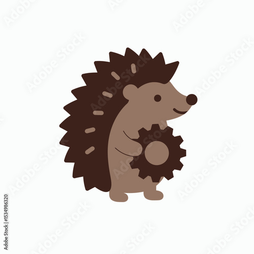 A cartoon hedgehog stands upright holding a gear