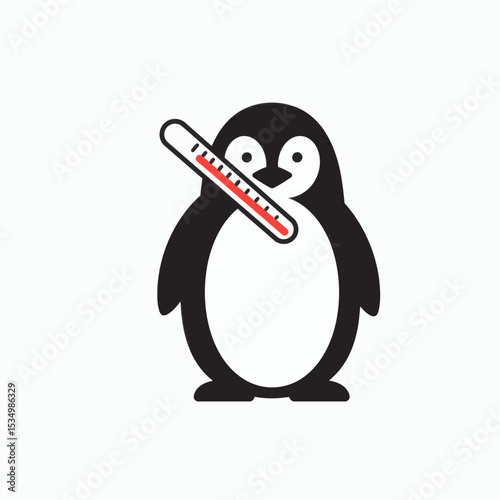 A cartoon penguin with a white belly and black body holds a thermometer in its mouth