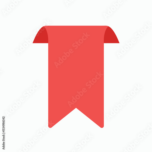 A flat red ribbonshaped bookmark with curled top edges and a pointed bottom isolated on a white background