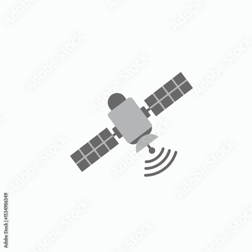 A gray satellite with solar panels and a radio signal icon is centered on a white background