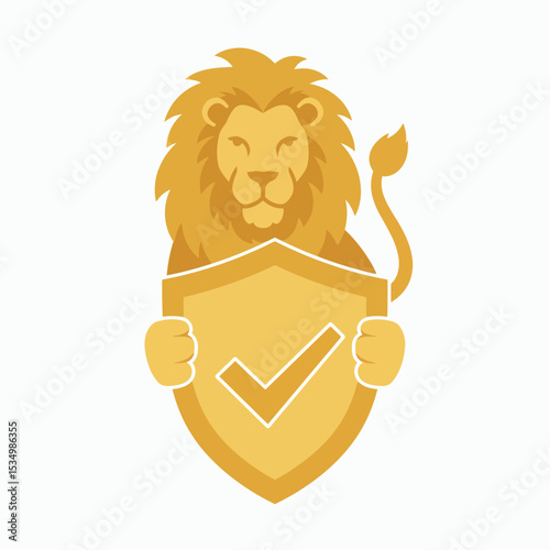 A golden lion holds a shield with a checkmark on it