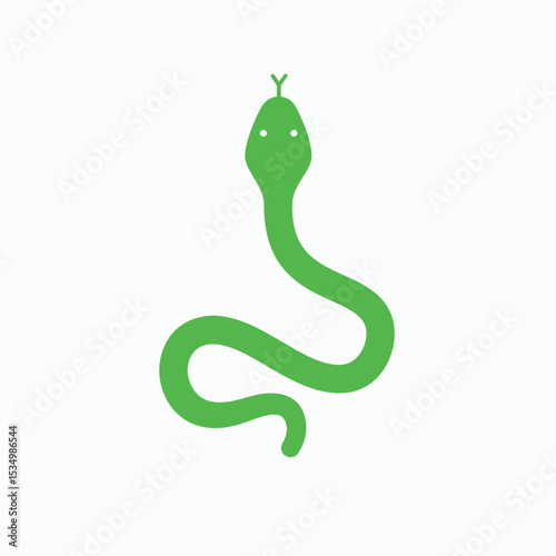 A green cartoon snake with a Yshaped tongue is coiled against a white background