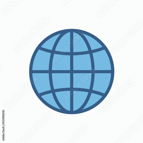A light blue world globe is depicted with a darker blue grid set against a white background
