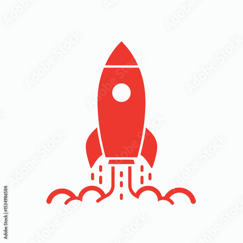 A red rocket is blasting off with exhaust smoke in the shape of clouds at the base