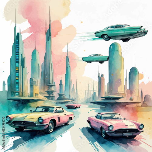 Retro-futuristic cityscape watercolor illustration. Vintage 1950s sci-fi aesthetic with flying cars and pastel colors.