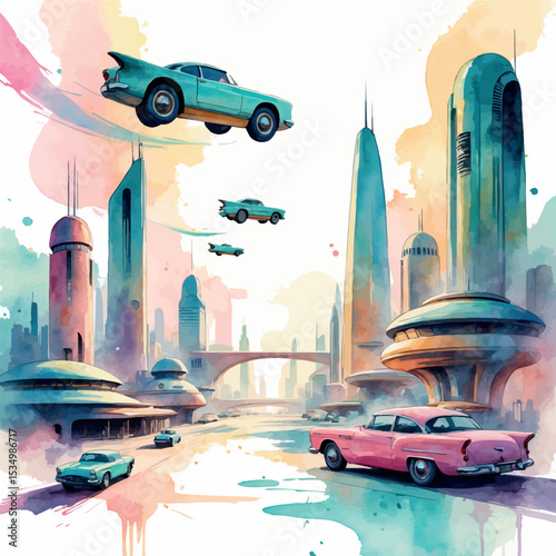 Retro-futuristic cityscape watercolor illustration. Vintage 1950s sci-fi aesthetic with flying cars and pastel colors.