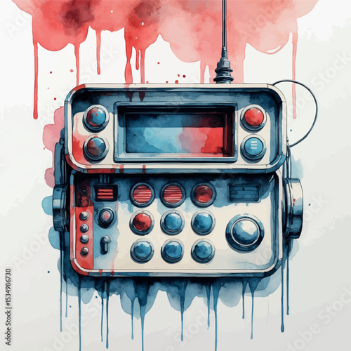 Vintage control panel watercolor illustration. Retro-futuristic technology with faded red and blue tones and artistic drip effect.