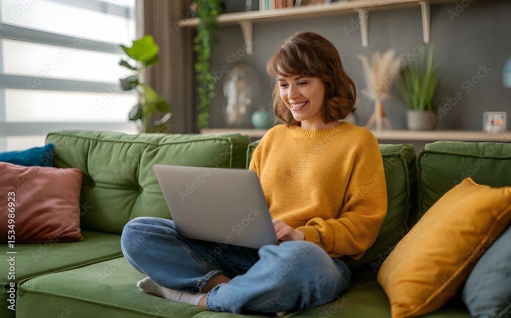 Naklejka premium Happy young woman working on a laptop while relaxing on a cozy couch at home