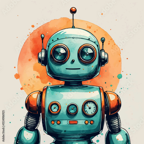 Whimsical retro-futuristic robot watercolor illustration. Vintage-inspired android with teal and orange analog details.