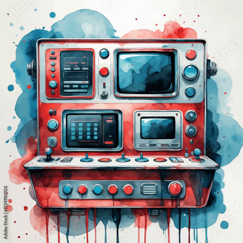 Vintage control panel watercolor illustration. Retro-futuristic technology with faded red and blue tones and artistic drip effect.