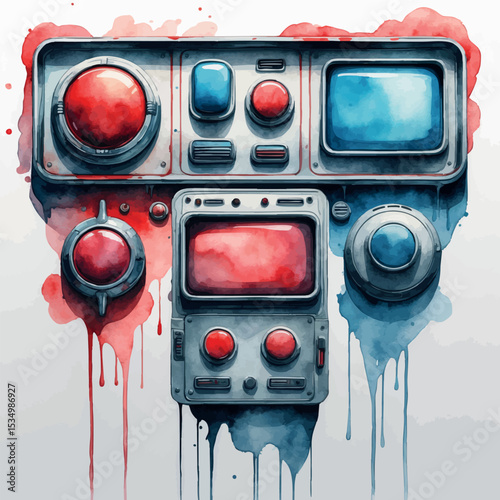 Vintage control panel watercolor illustration. Retro-futuristic technology with faded red and blue tones and artistic drip effect.