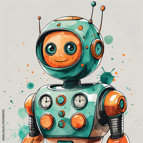 Whimsical retro-futuristic robot watercolor illustration. Vintage-inspired android with teal and orange analog details.