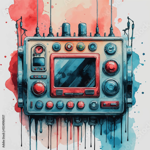 Vintage control panel watercolor illustration. Retro-futuristic technology with faded red and blue tones and artistic drip effect.
