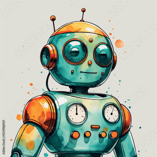 Whimsical retro-futuristic robot watercolor illustration. Vintage-inspired android with teal and orange analog details.