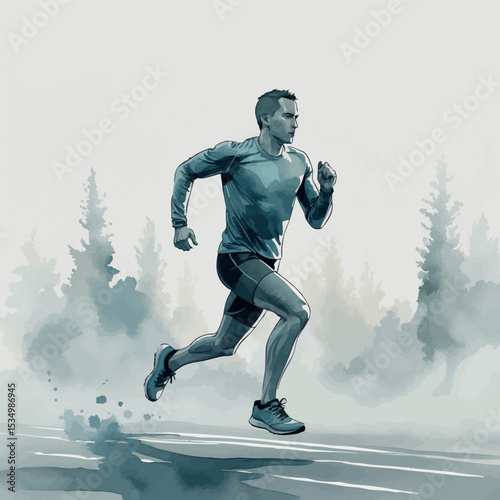 Watercolor morning runner as a metaphor for self-discipline commitment and healthy habits